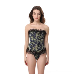 Black overbust corset with gold baroque print and lace neckline, worn full front view
