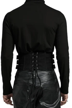 Black lace-up gothic corset belt back view showing adjustable drawstring closure with skull charms
