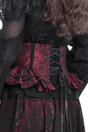 Gothic corset belt back lace-up closure detail showing crisscross lacing and red rose jacquard fabric