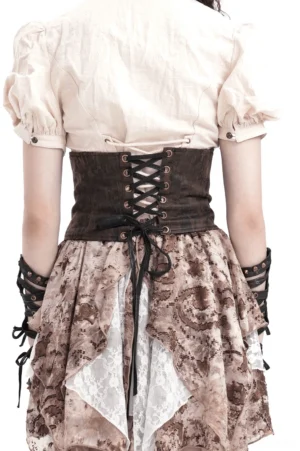 Back view of steampunk gothic corset waist belt on model showing black lace-up ribbon closure with metal eyelets and distressed brown fabric, vintage outfit styling