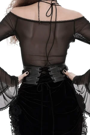 Black gothic corset belt rear view displaying lace-up back closure paired with sheer mesh top worn by model