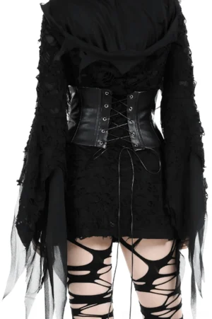 Back lace-up crisscross Gothic corset belt detail worn on female model upper torso