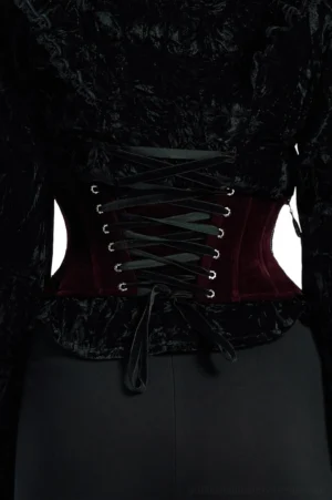 Gothic corset belt back view showing adjustable black lace-up ties and wine red velvet