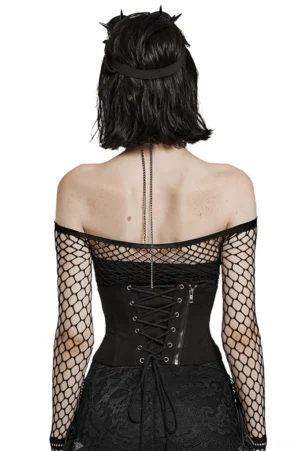 Back view of black gothic corset belt worn by model, featuring crisscross lace-up design and functional side zipper closure