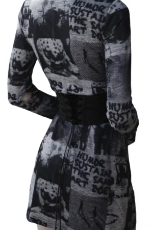 Back view of black lace-up gothic corset belt on model, displaying intricate crisscross lacing and adjustable back closure design