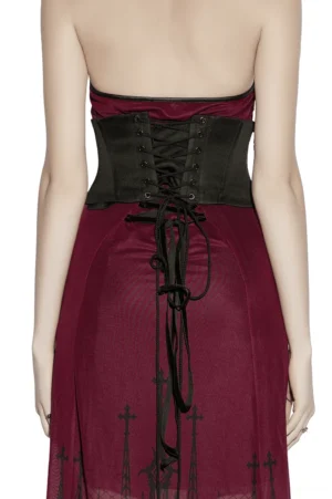 Back view of black gothic corset belt showing back lace-up closure and decorative tassel drawstrings