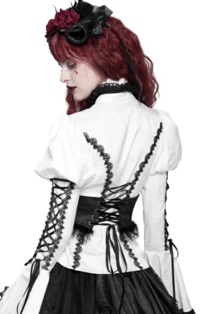 Gothic corset waist belt back lacing detail on model wearing white puff-sleeve top, demonstrating adjustable back lace-up system and structured silhouette