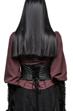 Black gothic corset belt back view with adjustable eyelet closure and long drawstrings, modeled on figure showing rear silhouette and lacing detail