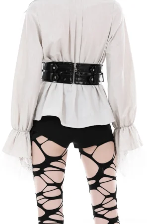 Black leather corset belt back view with dual buckle closures and metal stud detailing on gothic fashion model