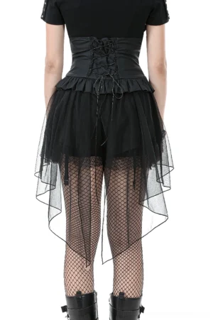 Back view of gothic lace-up corset belt with ruffled tulle hem and sheer mesh skirt construction