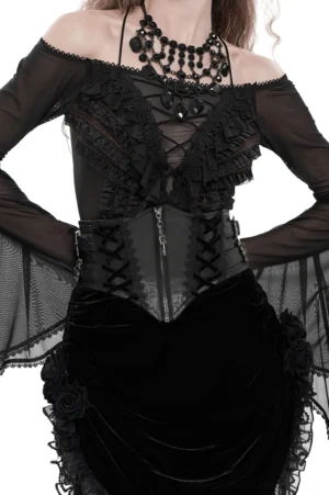 Black lace-up gothic corset waist belt with silver cross metal accents worn by female model, front view showing cross detail