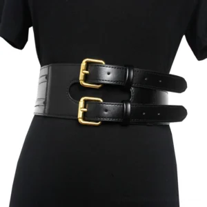 Black gothic corset belt with dual metal buckles - rear waist view on mannequin