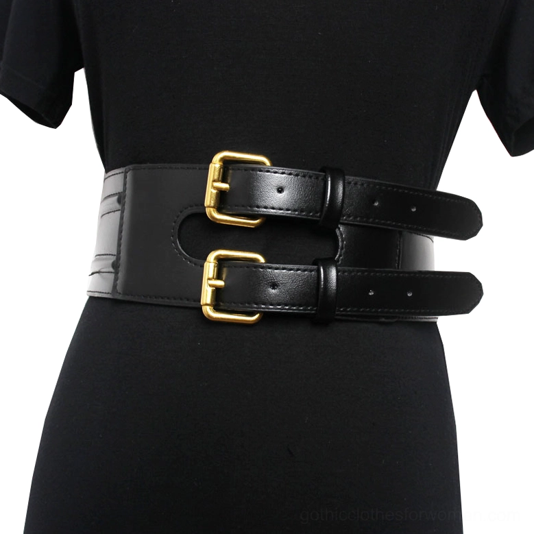 Black gothic corset belt with dual metal buckles - rear waist view on mannequin