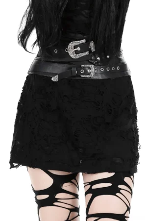 Black Gothic corset belt front waist view with dual silver buckles and pyramid studs on studio background