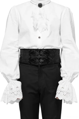 Black jacquard gothic corset belt with ornate metal buckle front view on model
