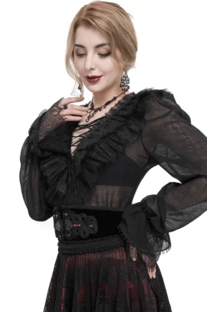 Gothic black lace corset belt worn by model, front view with vintage buckle detail and lace trim