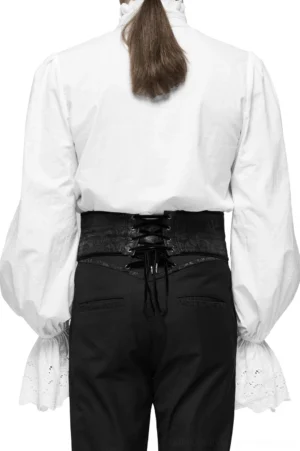 Black gothic corset belt rear lace-up closure detail on model back view