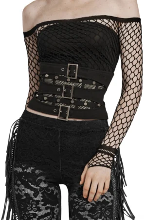 Black gothic corset belt with mesh panels and triple metal buckles, worn on model's torso, front view showcasing fishnet detail and industrial fasteners