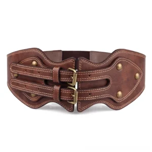 Dark brown wide leather gothic corset belt with dual brass buckles and metal rivets, frontal flat lay view