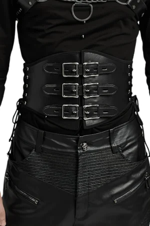 Black gothic PU leather corset belt with triple metal buckles and lace-up side detail, front close-up view showing industrial punk aesthetic