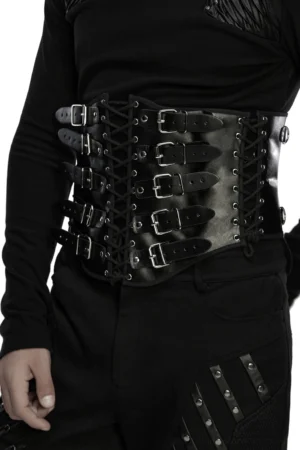 Black gothic corset belt with multiple buckles and lace-up closure three-quarter side view