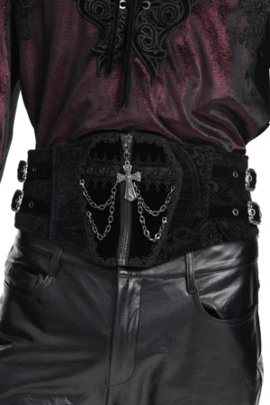 Black gothic waist cincher with silver cross and chain details, front close-up view on male model showing intricate jacquard pattern and decorative zipper