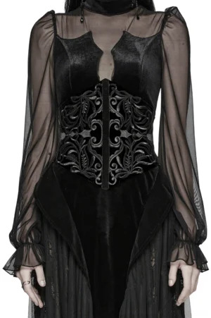 Black velvet gothic embroidered corset belt worn on model - front view showing intricate baroque floral embroidery and mesh detail