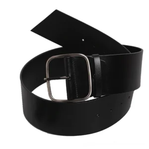 Black genuine leather corset belt coiled flat lay showing square metal buckle and adjustment pin holes