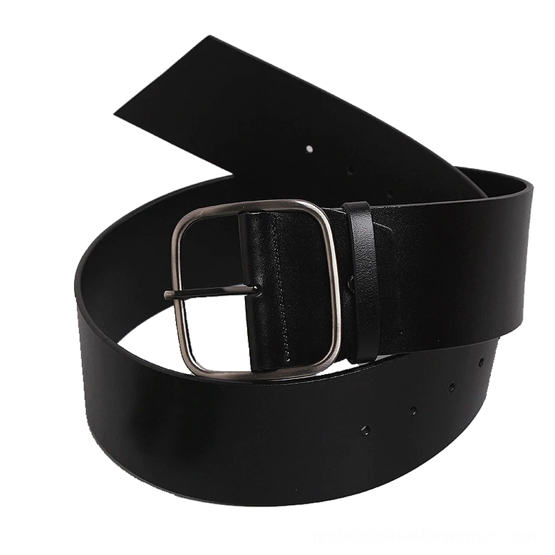 Black genuine leather corset belt coiled flat lay showing square metal buckle and adjustment pin holes