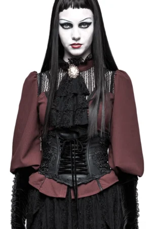 Black floral embroidery gothic corset belt worn by female model with goth makeup, front view showcasing intricate lace-up design and embroidered details