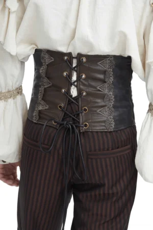 Gothic corset belt front lace-up closure with dark brown and black faux leather panels on male model