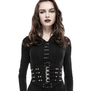 Black gothic studded corset belt front view on model, V-shaped button loops and metal buckles, Victorian steampunk style waist cincher