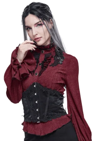Black floral lace gothic corset belt front view on model with two-tone hair, showing metal hook fasteners and lace trim details