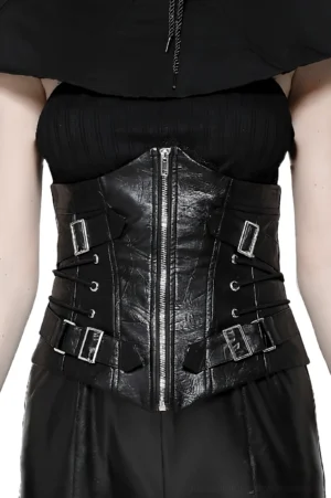 Black leather gothic corset belt with front metal zipper and silver buckle straps worn on model, front close-up torso view