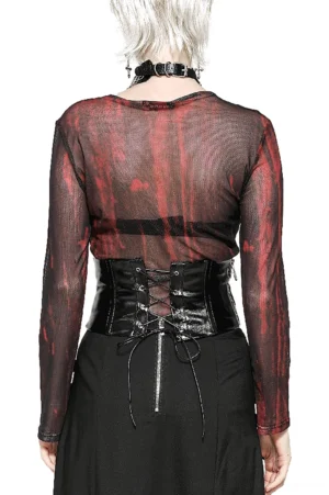 Back view of gothic corset belt with lace-up closure on model wearing black choker and goth styling