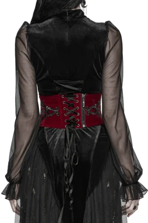 Black lace-up back closure of burgundy gothic corset belt, back full view showing traditional corsetry lacing design and wine-red velvet construction