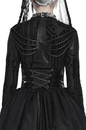Lace-up back closure of black gothic corset belt, rear model view displaying adjustable ribbon ties and structured lacing system