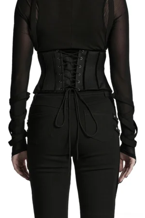Gothic corset waist belt rear lace-up closure with braided drawstring, back view on model