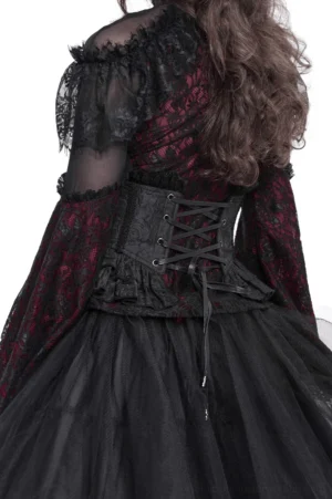 Black gothic corset belt with crisscross lace-up back design and metal eyelets, back view on model