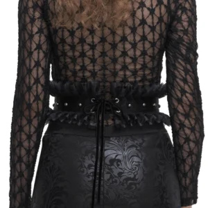 Back view of woman wearing gothic lace-up corset waist belt with studded faux leather and adjustable velvet lace-up closure