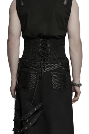 Black gothic corset belt lace-up back detail worn by model in studio setting