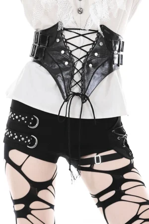 Black lace-up PU leather corset belt front waist detail on female model showcasing grommet and lacing construction