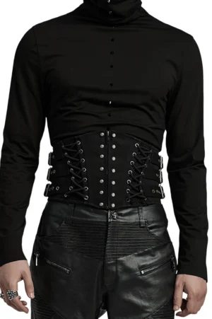 Black gothic lace-up corset belt with metal rivets worn by model front three-quarter view