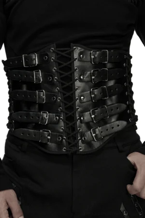 Black gothic corset belt with lace-up front and metal buckles worn as front waist view