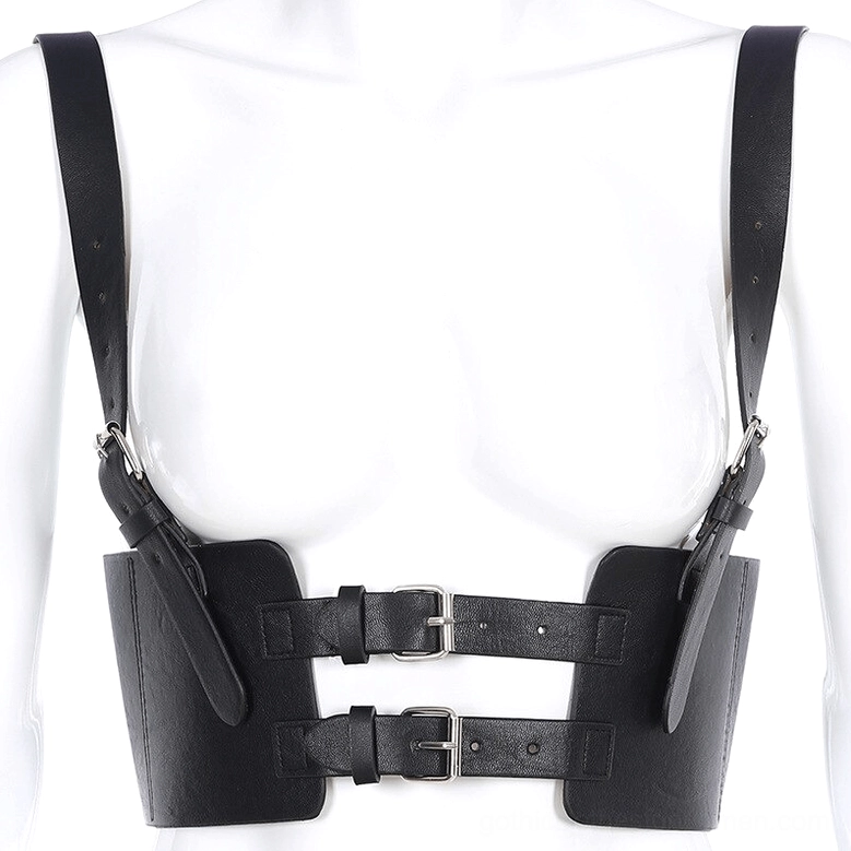 Gothic corset belt on mannequin front view - silver metal hardware and double waist buckles