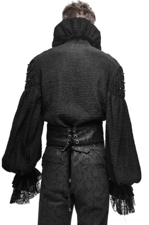 Male model wearing black gothic corset belt with back lace-up closure, full body rear view