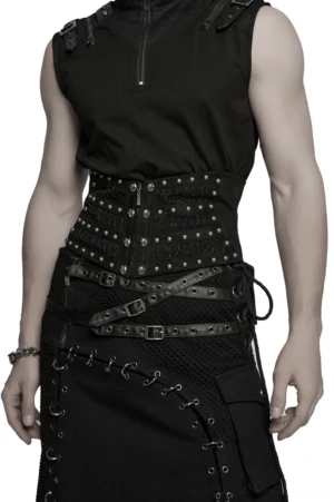Black gothic corset belt with skull rivets front view worn by model in studio