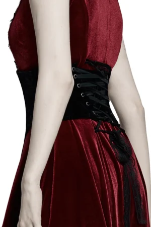 Side view of black velvet gothic corset cincher with rose lace detail, displaying lace-up back design and silhouette shaping