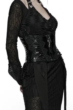 Black gothic corset belt on model showing side view with lace-up back ribbon design and cross pendant