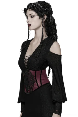 Gothic corset belt three-quarter side view on model showing black velvet trim and under-bust fit against white background